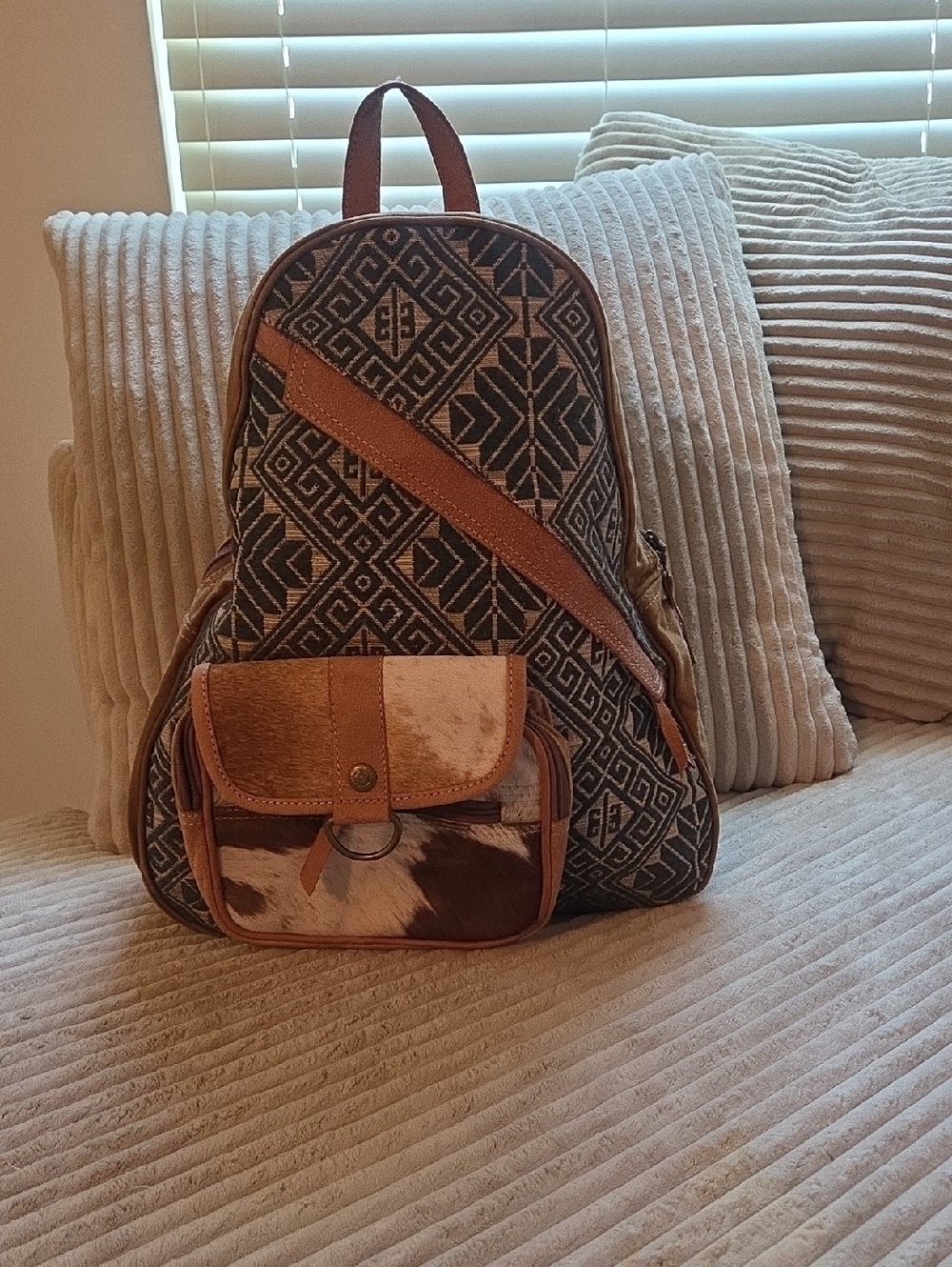Ohlay Backpack From American Darling Boho Tribal Pattern Brown Canvas & Leather